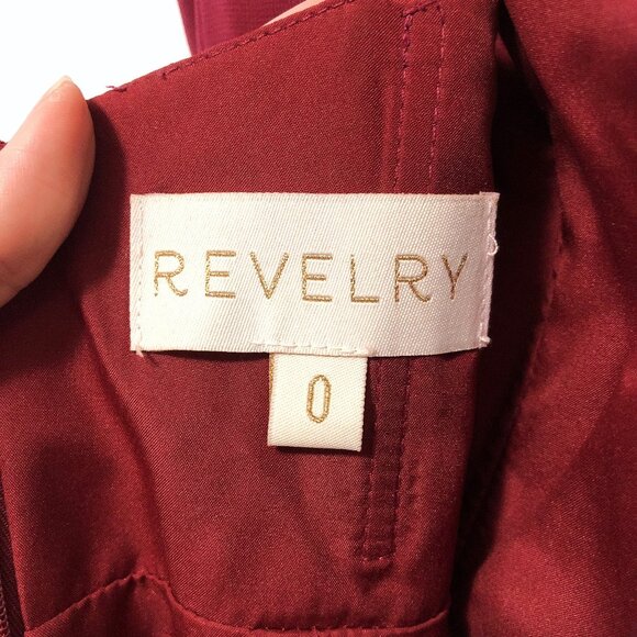 Revelry Solid Red Wine Ruffle V-neck Criss-cross Back Side Slit Formal Dress 0 - Picture 3 of 8